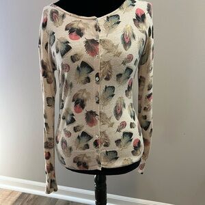 Monsoon Button up knit cardigan with unique feather motif with gold accents M